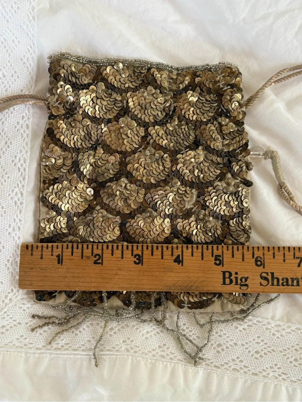 Vintage Gold Sequin Evening Clutch Bag with Fringe